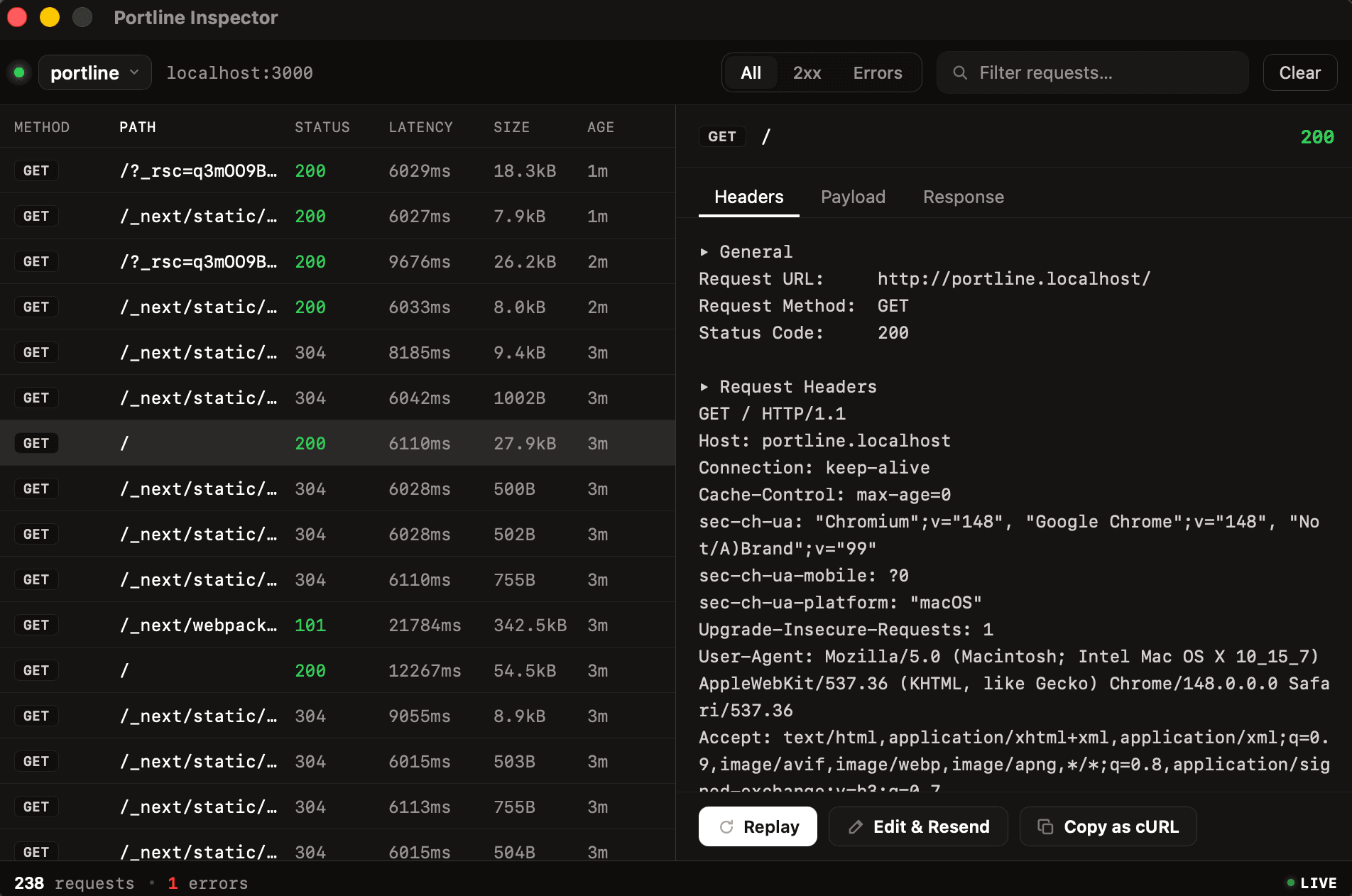 Portline inspector showing live HTTP traffic